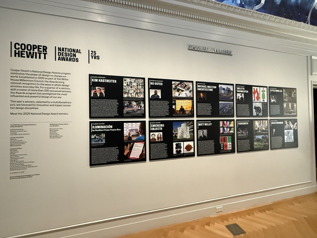 The 2025 National Design Awards exhibition wall at Cooper Hewitt, with a panel for each winner, among them Jules Sherman for Product Design.