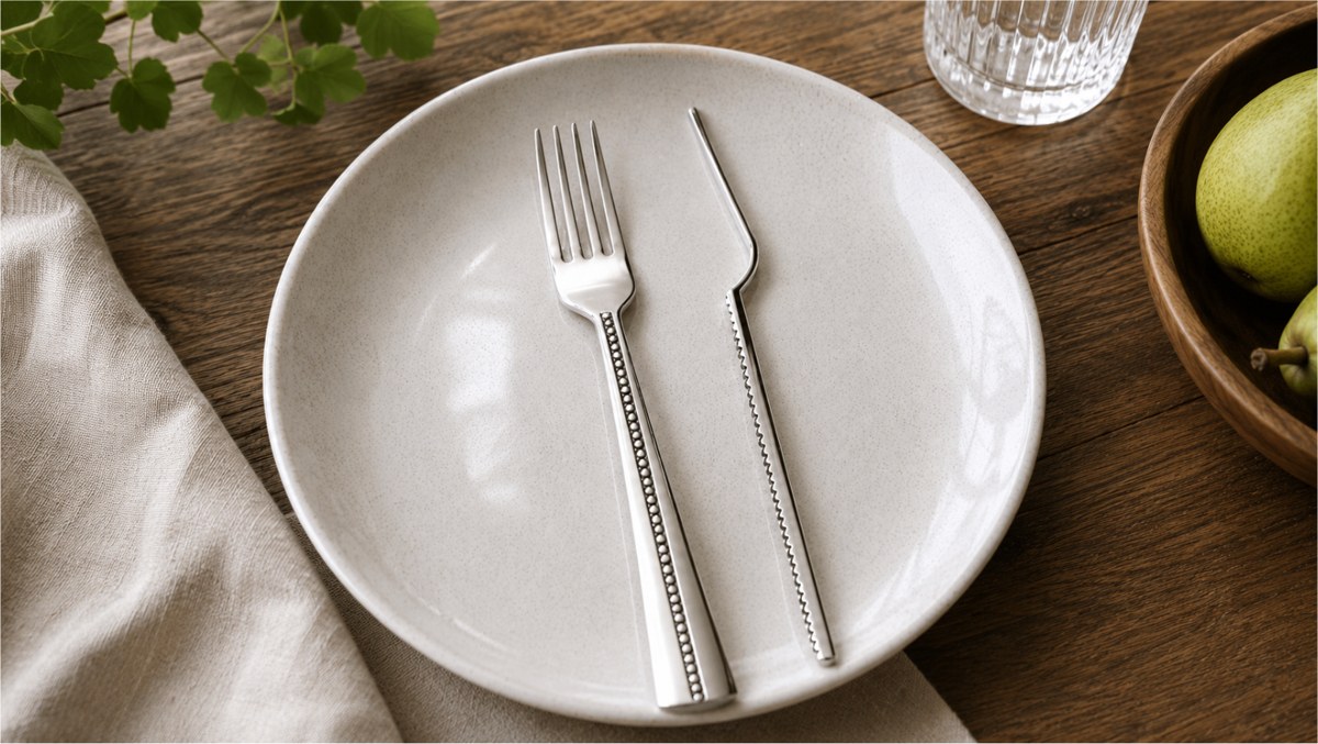 A fork and knife in the Java pattern, with a beaded line down each handle, resting on a white plate on a wooden table with pears and a glass.