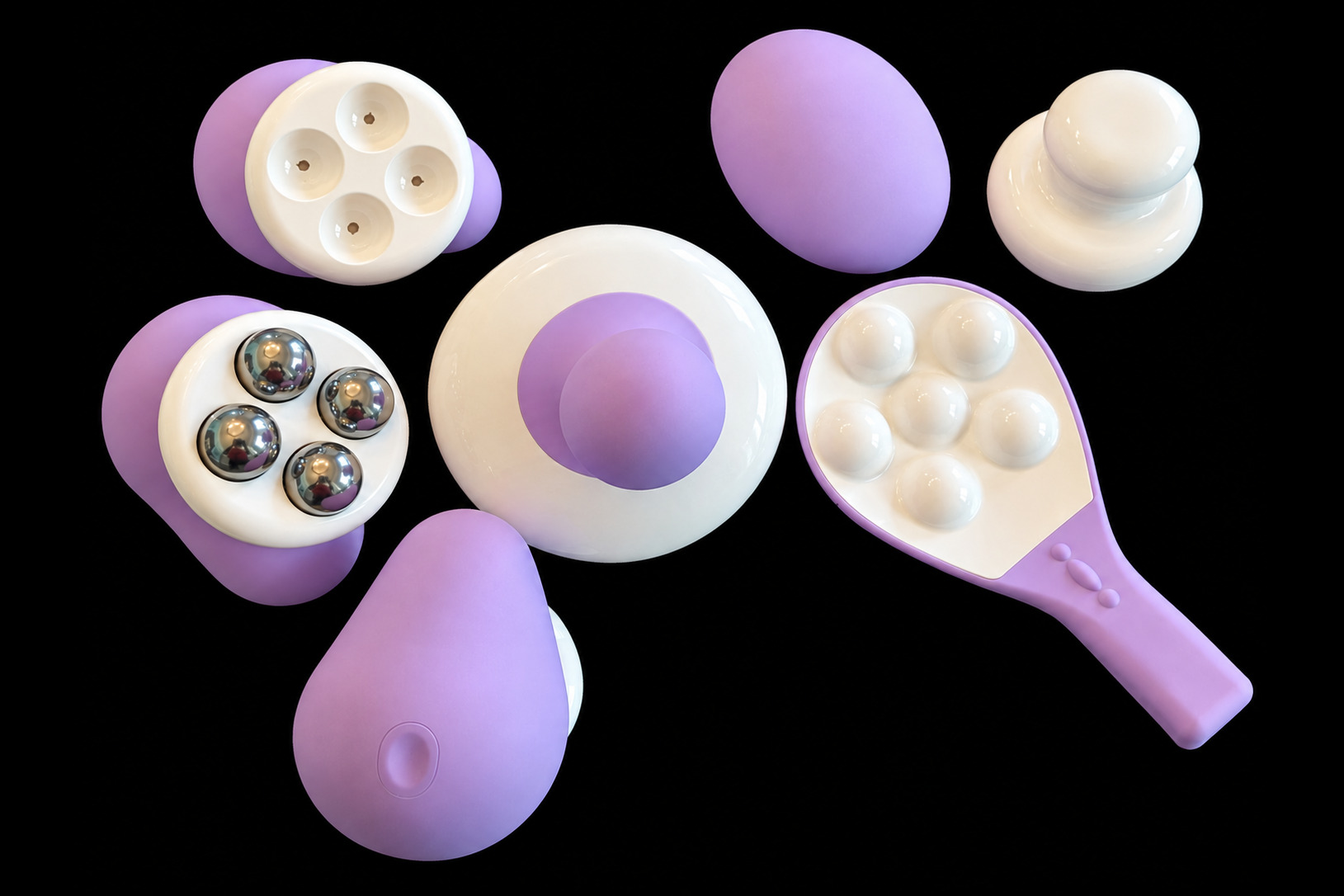 The breast massager designs together on a black ground, in lavender and white: a round body with four steel massage balls shown beside the same body with its ball sockets empty, an egg form, a knob, a wide disc with a raised center, a paddle with six massage balls and a button on its handle, and a pear-shaped body with a button.