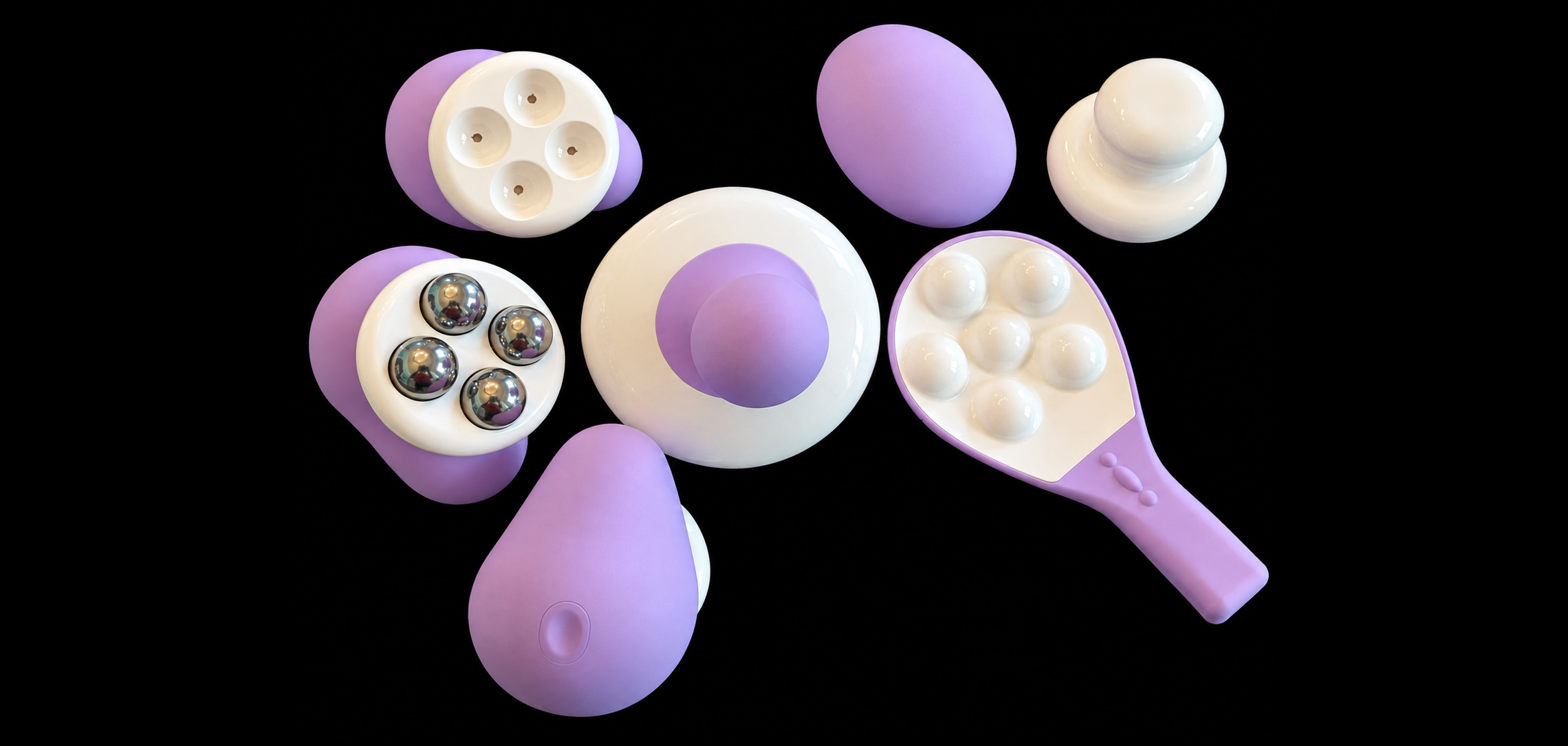 The family of lavender and white breast massagers for clogged milk ducts: a paddle, a knob, a pebble and a bowl, arranged on black.