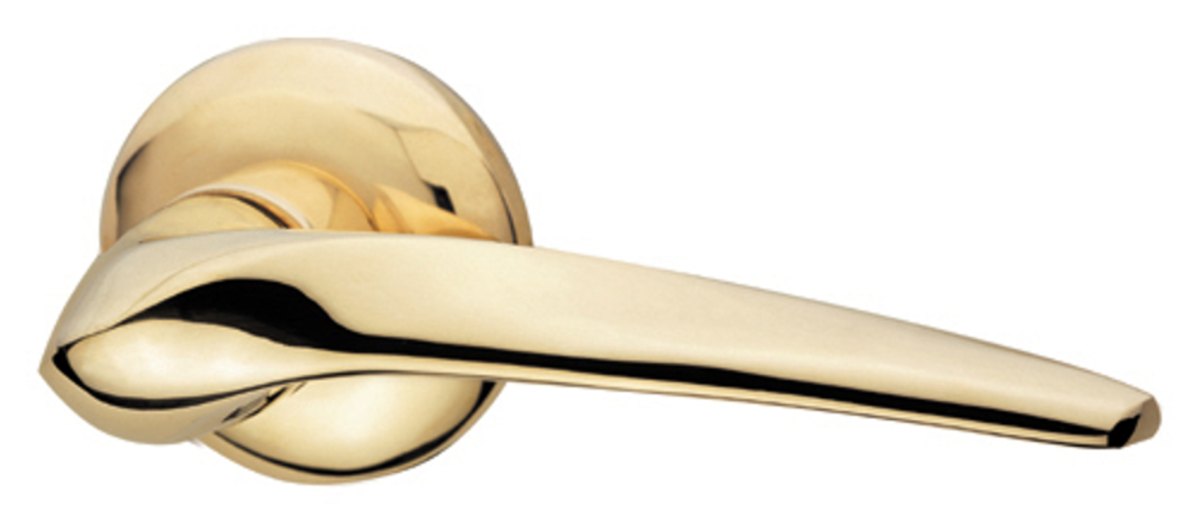 The same polished brass lever handle seen from a lower angle, its tapered blade reaching to the right, on white.