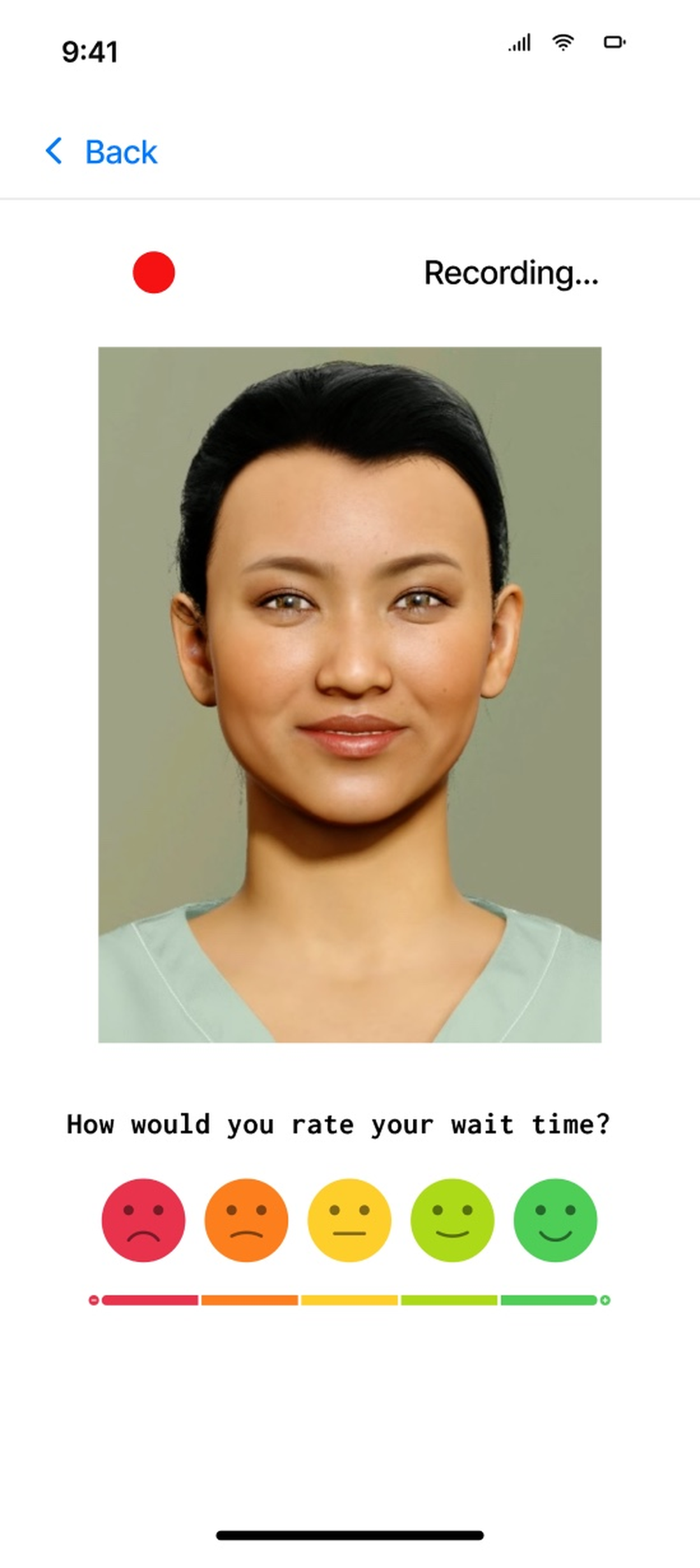 A QualCare phone screen recording a video message, with a guide avatar and a five-point colored scale asking how you would rate your wait time.