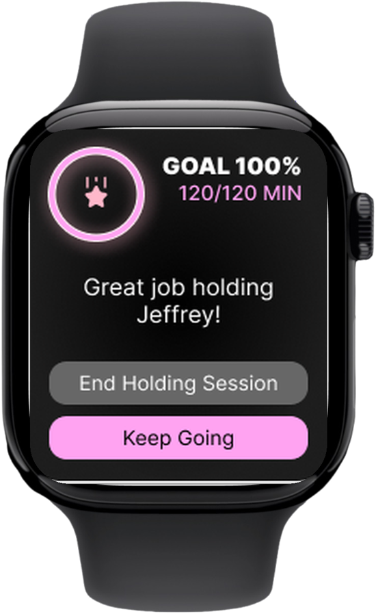 The Vigil app on a black Apple Watch at goal 100 percent, 120 of 120 minutes, saying Great job holding Jeffrey, with End Holding Session and Keep Going buttons.