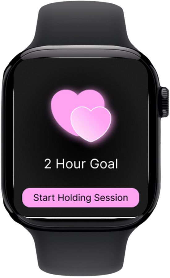 The Vigil app on a black Apple Watch: two pink hearts above the words 2 Hour Goal and a pink Start Holding Session button.