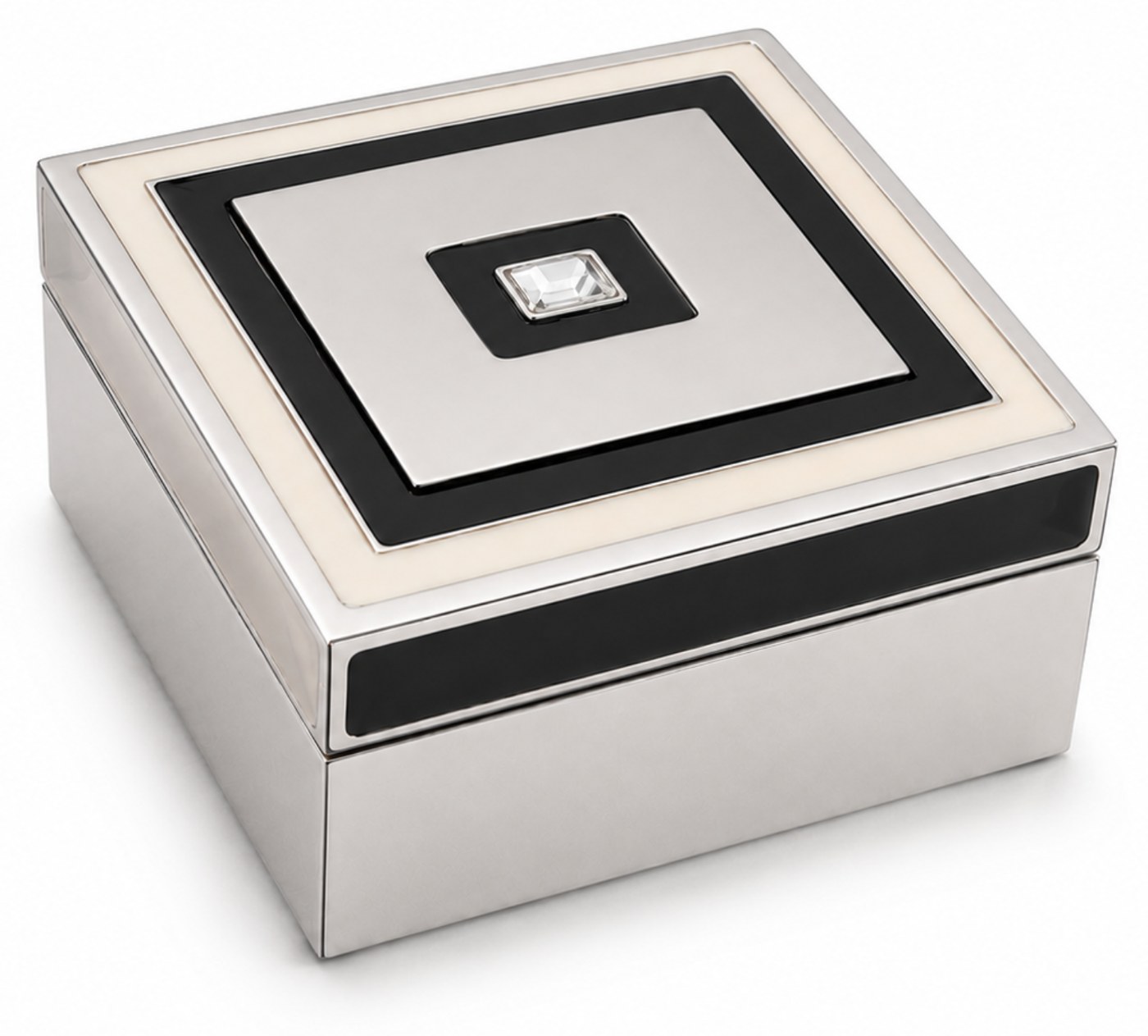 A square silver-plated jewelry box with a stepped lid of black and cream enamel bands around a single square crystal.