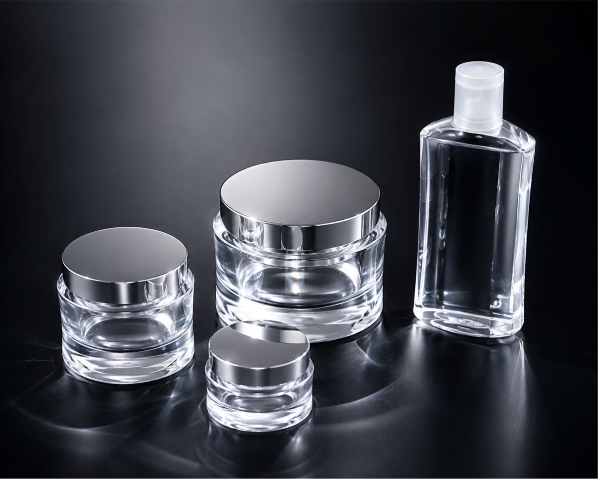 Three clear glass cosmetic jars with polished silver lids and a clear bottle with a flip cap, on a black reflective surface.
