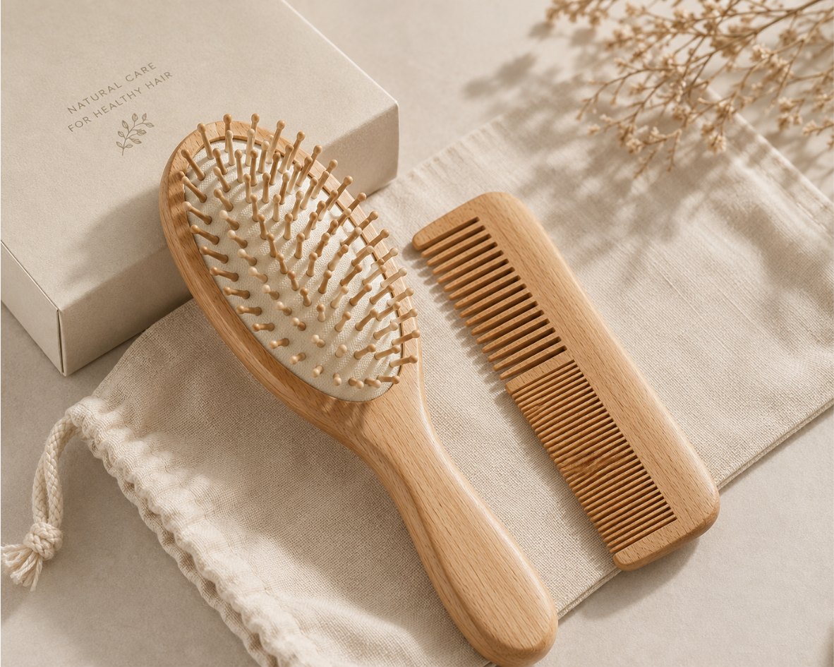 A wooden paddle hairbrush with wooden pins and a matching wooden comb, resting on a cotton drawstring bag beside a paper gift box.