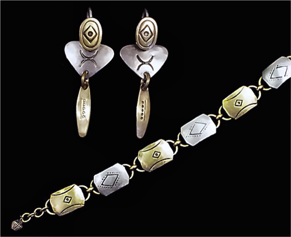 Mixed-metal drop earrings with stamped brass ovals over silver heart shapes, above a link bracelet of alternating brass and silver plaques stamped with diamond patterns, on black.