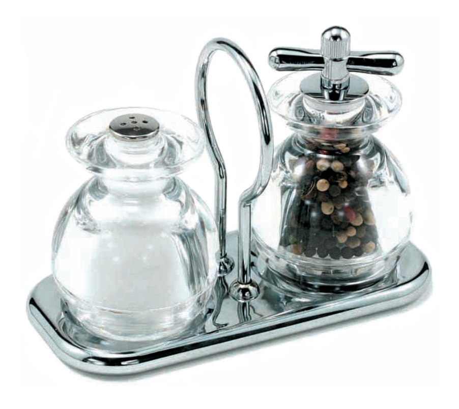 A round glass salt shaker and a clear pepper mill with a cross-shaped crank, standing in a polished chrome tray with a looped handle.