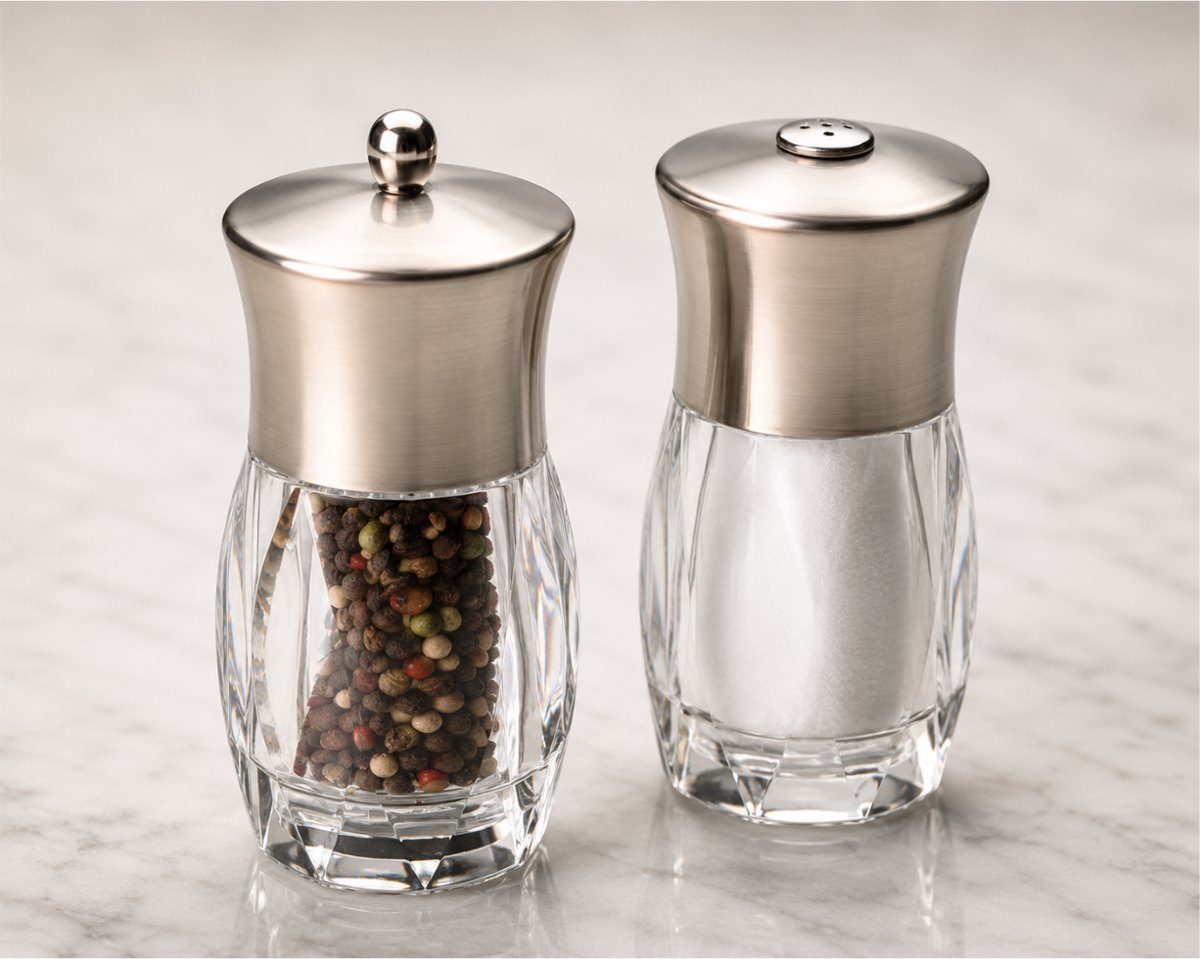 A faceted clear acrylic pepper mill with a brushed steel top beside a matching salt shaker, on white marble.