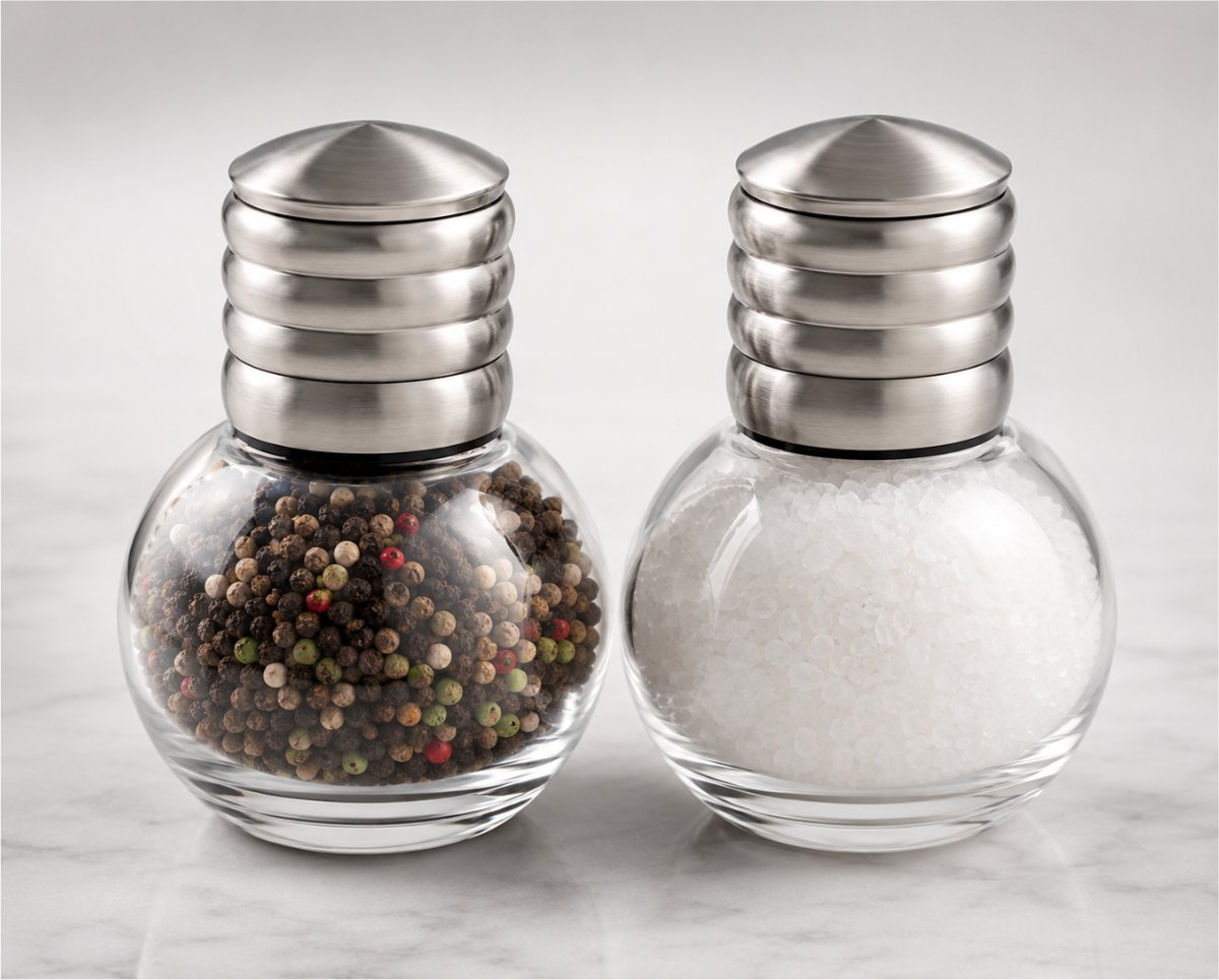 Two round glass shakers with stacked stainless steel caps, one filled with mixed peppercorns and one with coarse salt, on white marble.