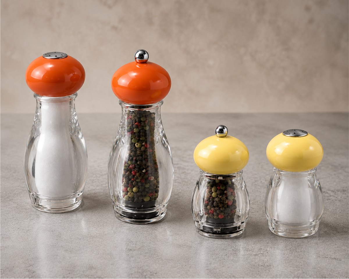Two pairs of clear acrylic salt shakers and pepper mills with glossy round tops, a tall pair in bright orange and a short pair in yellow.