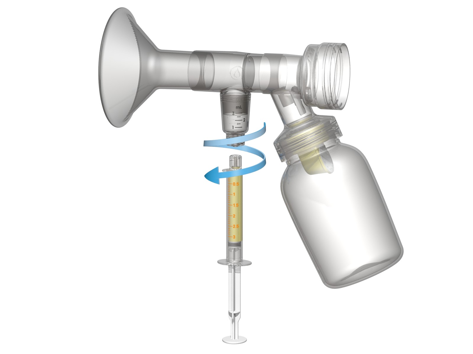 Primo-Lacto set up on a Medela pump kit: the adapter between the flange and the bottle, with the collection cup and syringe below.
