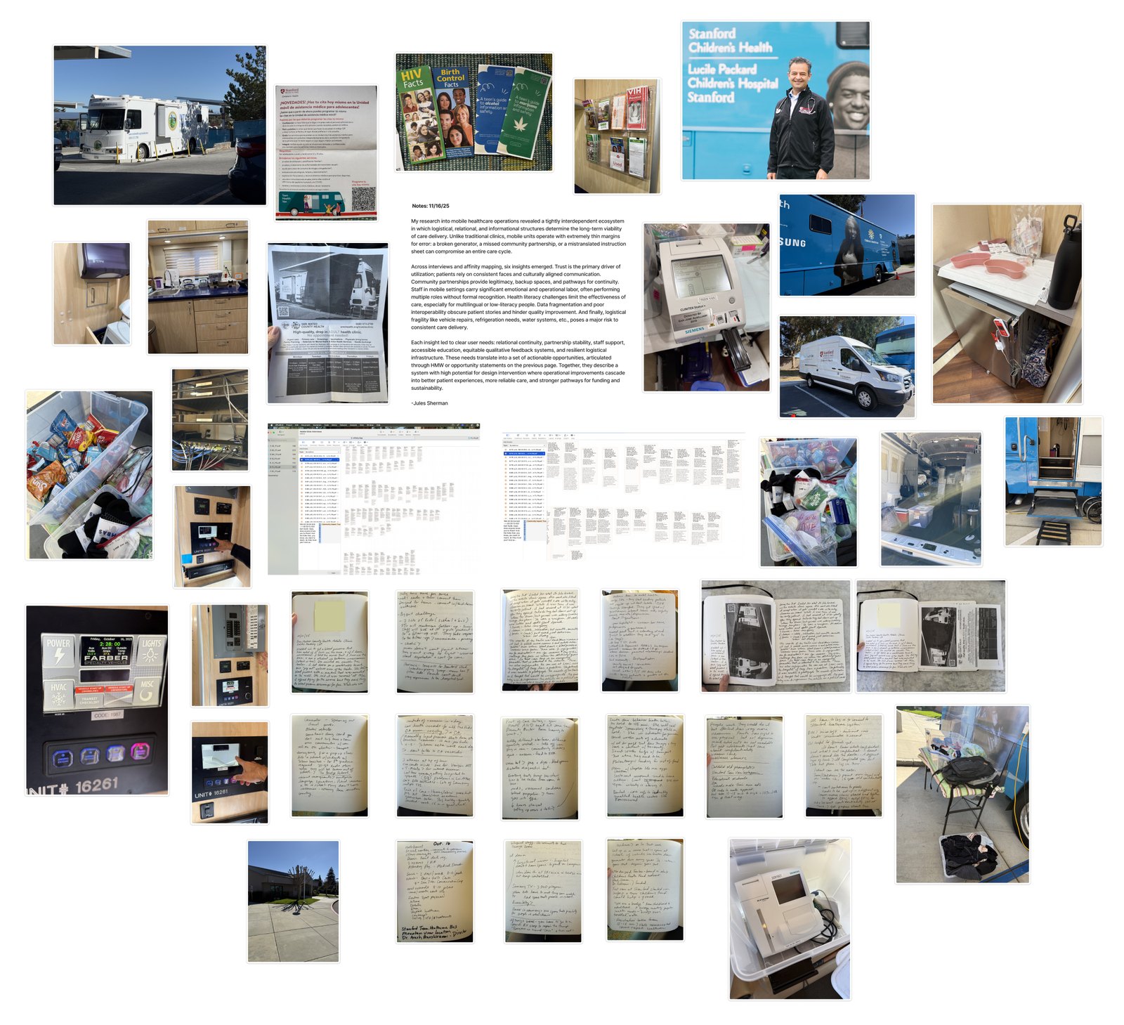 Collage of about forty field photographs around a block of typed research notes: the mobile clinic vans outside and inside, teen health pamphlets, clinic equipment and supplies, two screenshots of the interview coding in Atlas.ti, and many pages of handwritten field notes.