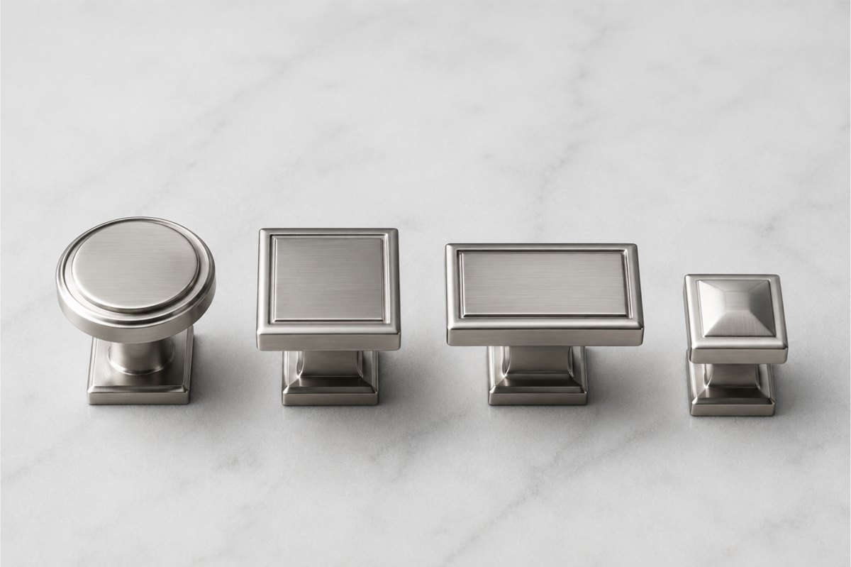 Four brushed nickel cabinet knobs in a row on white marble: one round, two square and rectangular with stepped edges, and one small pyramid-topped square.