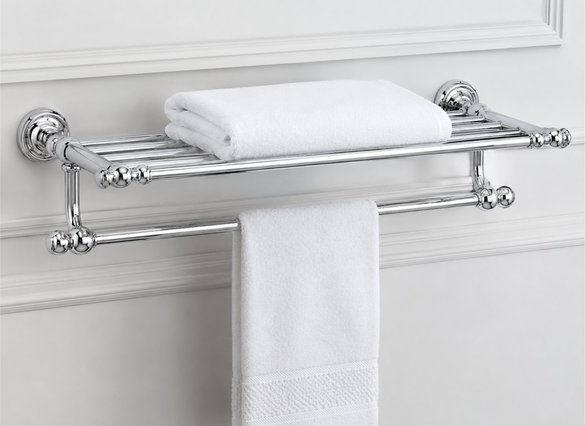A polished chrome bathroom towel shelf with a rail below, mounted on a white paneled wall, holding a folded white towel on top and a hanging towel on the bar.