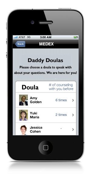 An iPhone showing the MEDEX app screen Daddy Doulas, listing three doulas to speak with and how many times each has counseled the user.