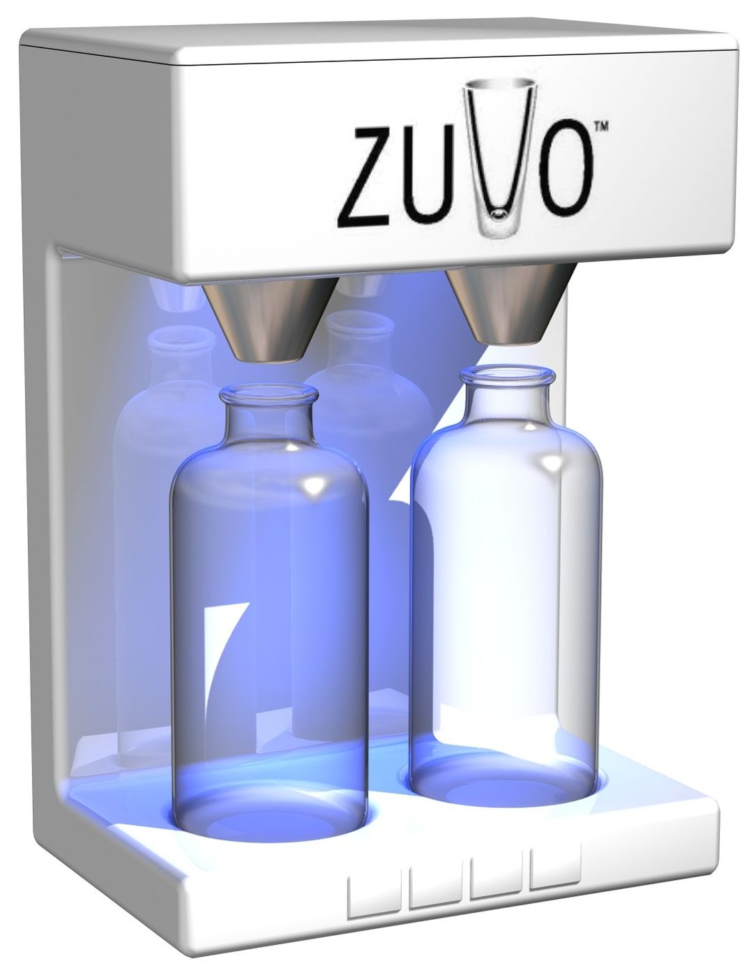 A rendering of the ZUVO countertop dispenser filling two glass bottles under blue light.