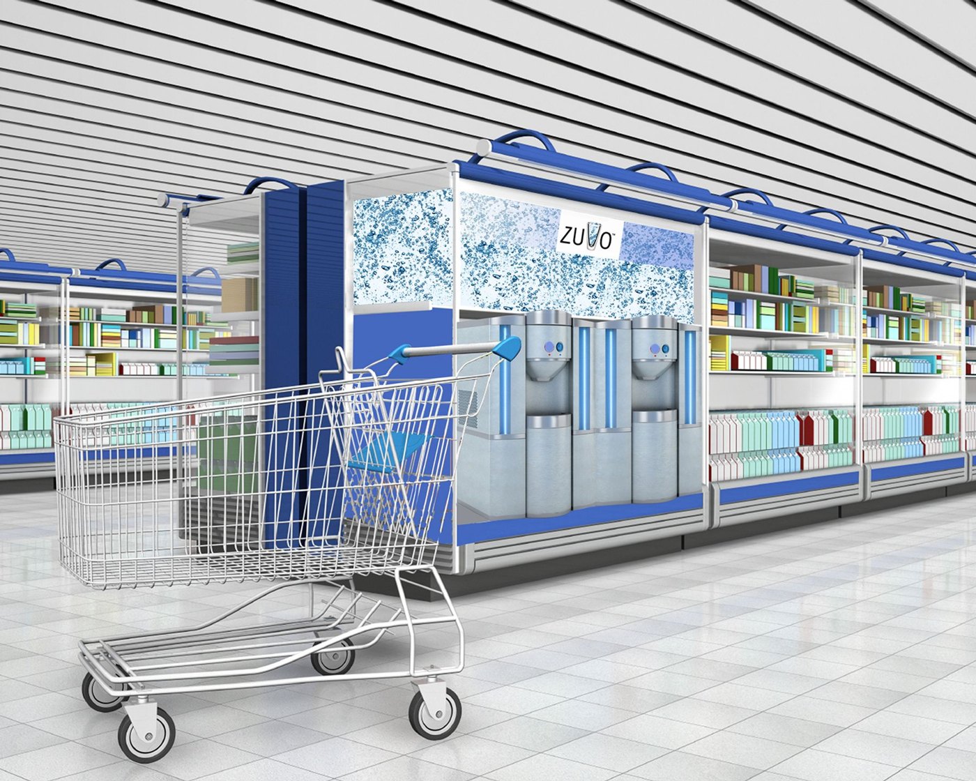 A rendering of a ZUVO water refill station in a grocery aisle, with a shopping cart in front of the blue and silver display.