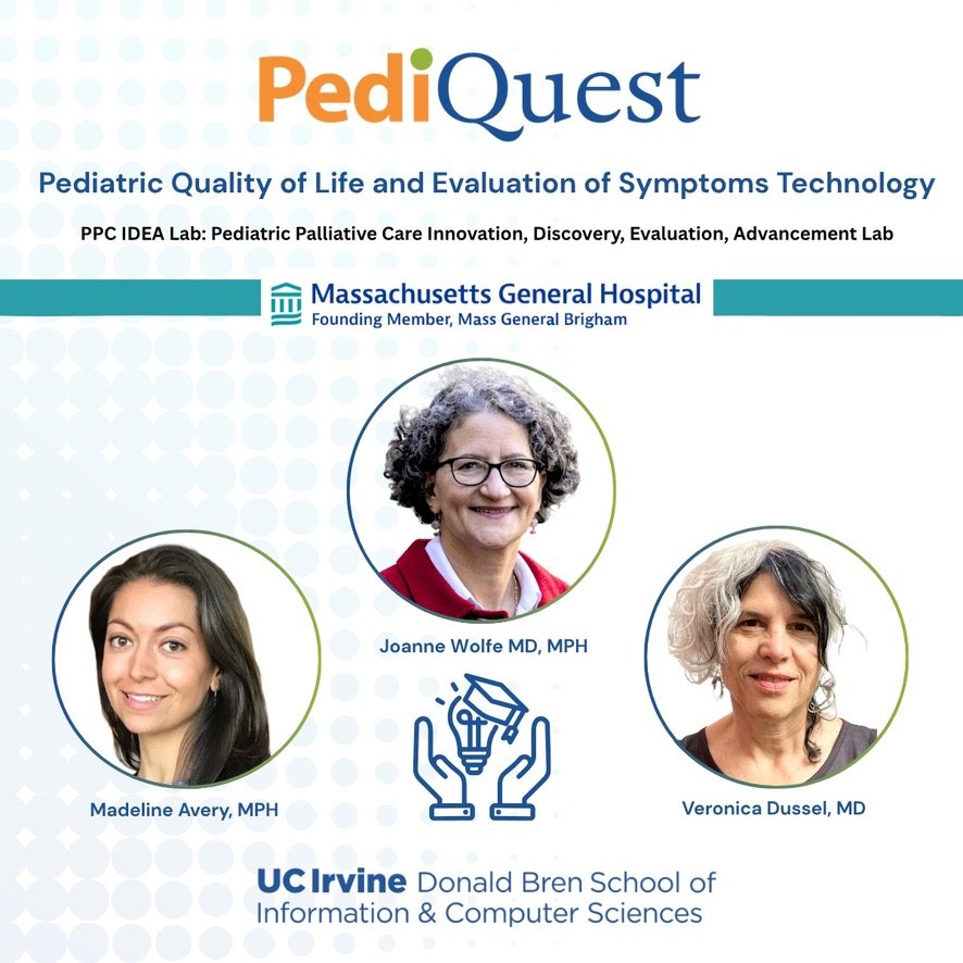 A PediQuest announcement card from the Massachusetts General Hospital PPC IDEA Lab and UC Irvine, with portraits of partners Joanne Wolfe MD MPH, Madeline Avery MPH and Veronica Dussel MD.
